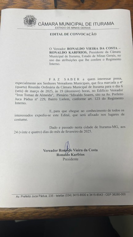 da quarta reunião ordinária de 2025, da câmara Municipal de Iturama.